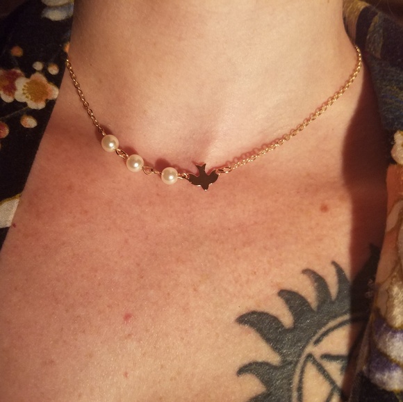 Necklace Short Gold Color Bird Dove Pearl's Boho - Picture 4 of 8